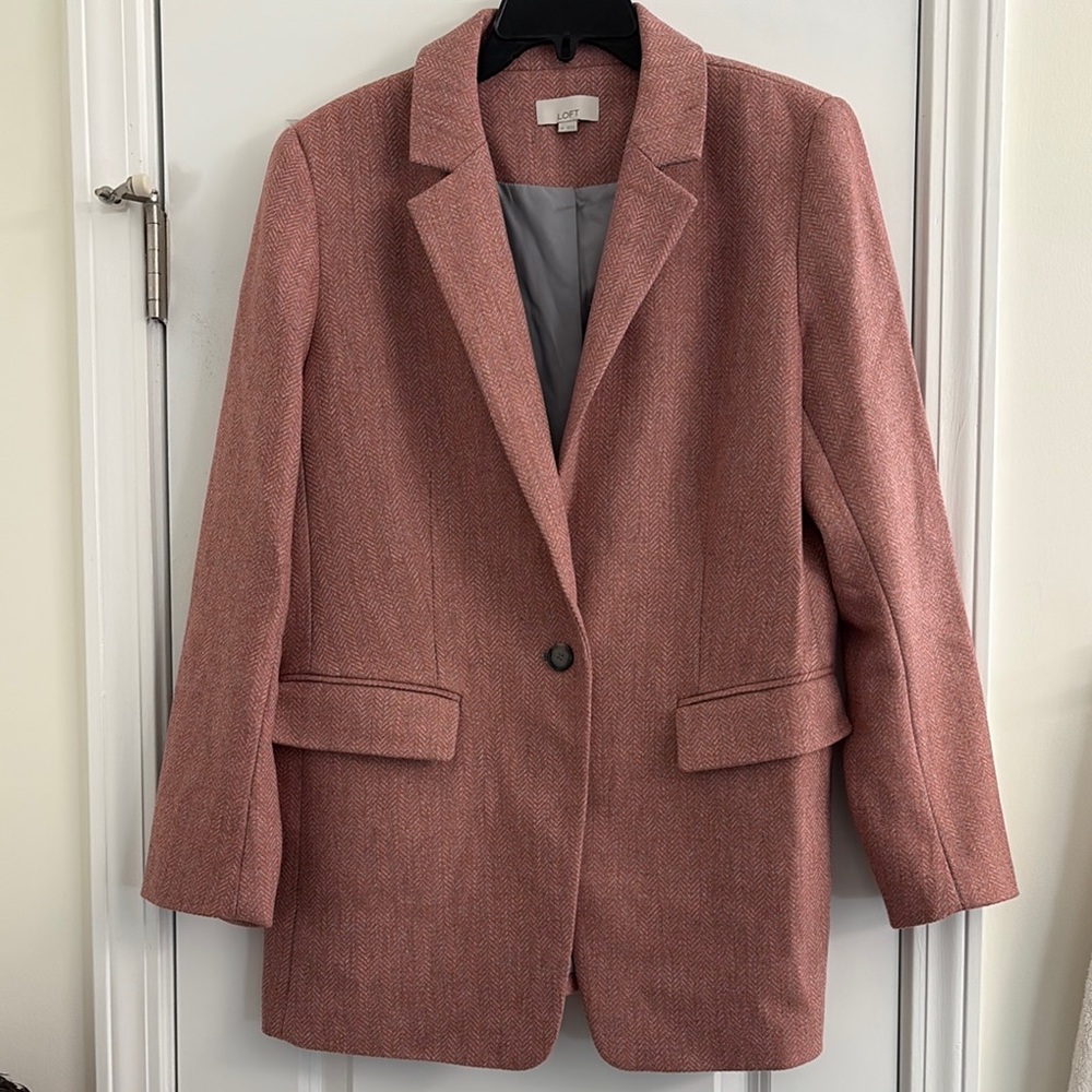 LOFT Pink and Grey Herringbone Boyfriend Blazer for Women